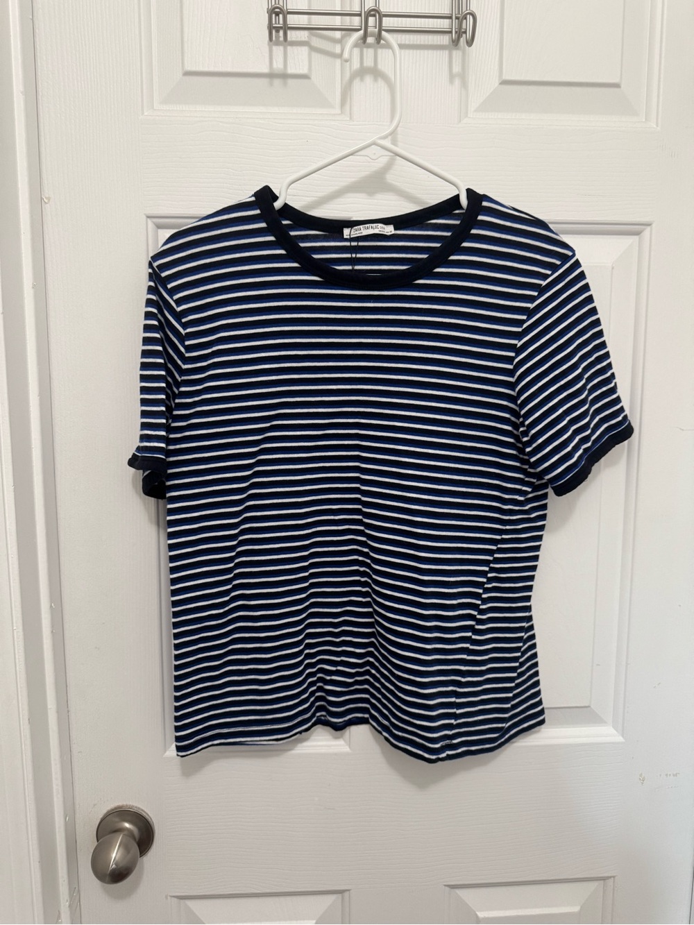 Zara Navy and White Striped Short Sleeve Tee